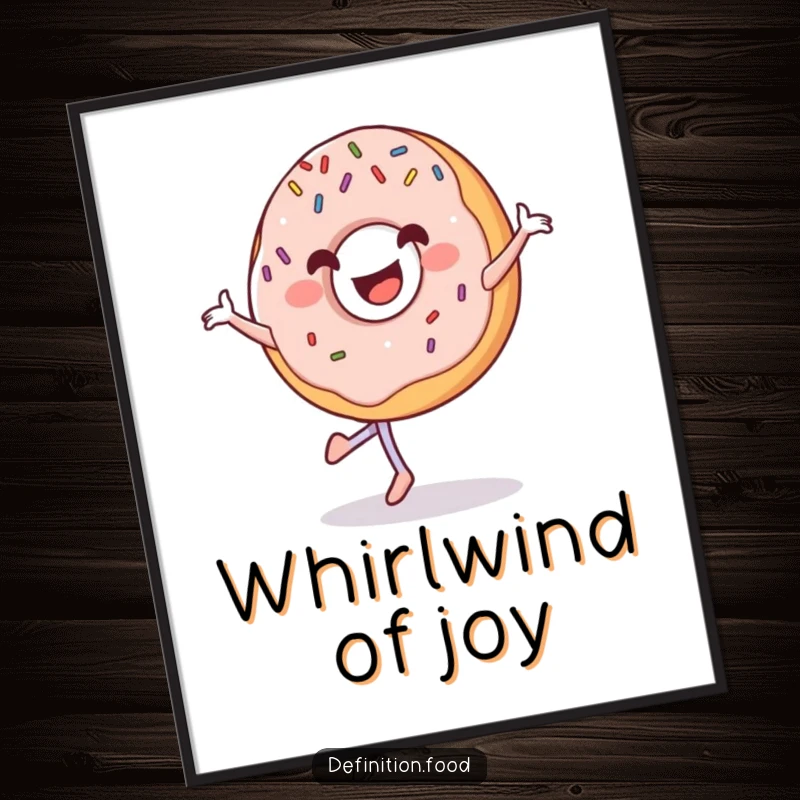 Funny grinning donut digital art print of a donut with sprinkles, happily pirouetting with sweet joy.