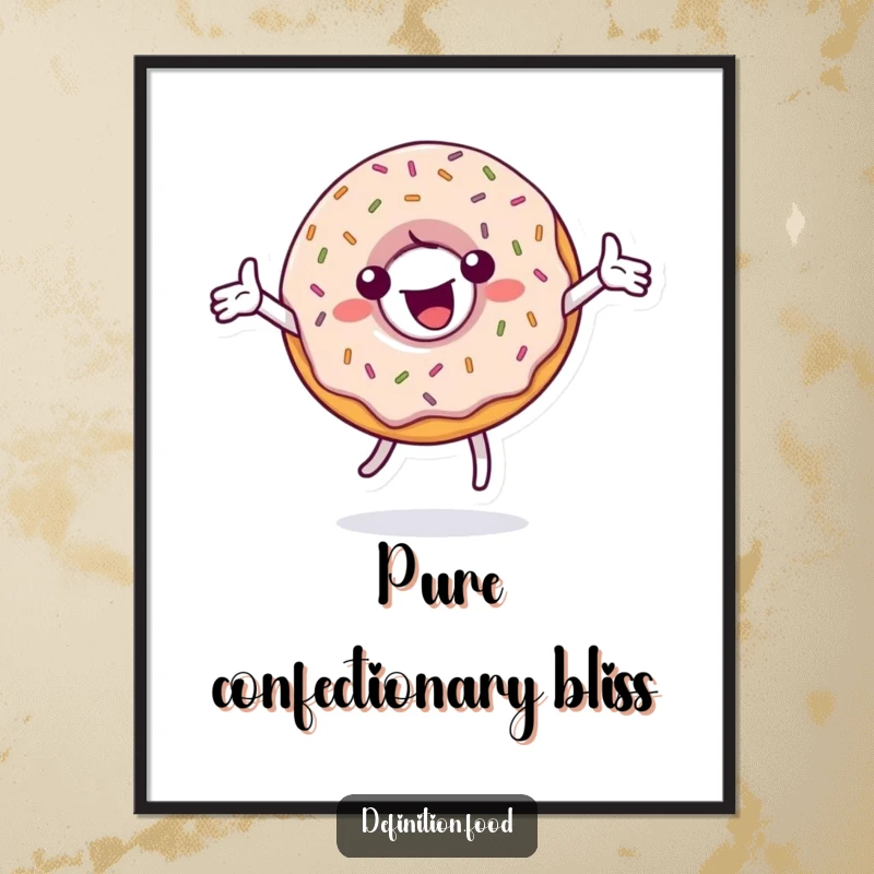 Funny digital art print of a spinning, sprinkle-covered donut character, perfect for instant joyful decor and a burst of sweetness.