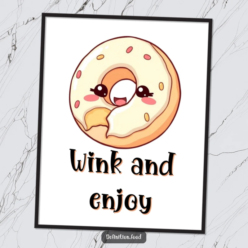 Funny digital art print of a happy donut with a bite taken out, winking at the viewer, for decor.