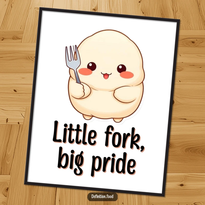Funny Digital Art Print of a proud dumpling with rosy cheeks holding a tiny fork, offering instant adorable food-themed decor.