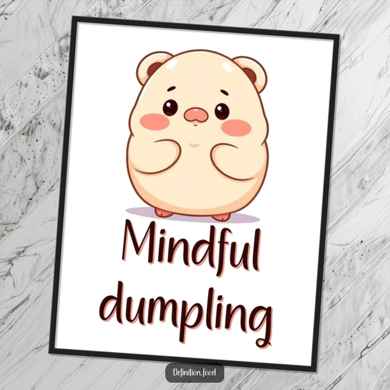Funny proud dumpling character digital art, looking thoughtful, for contemplative decor.