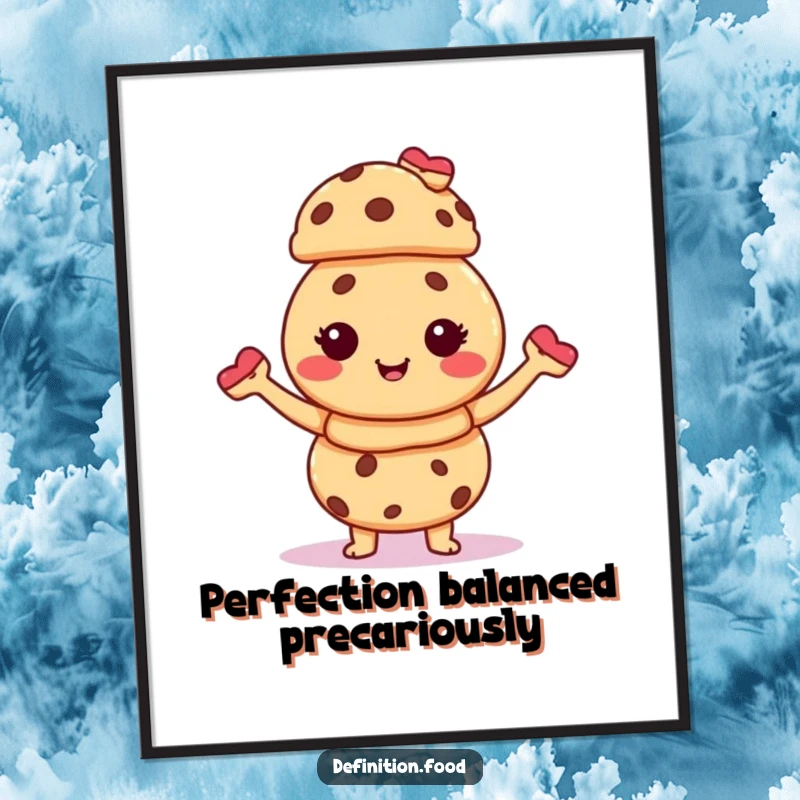 Funny digital art print of a giggling cookie character balancing a charming stack of tiny pastries, radiating pure happiness and sweetness.