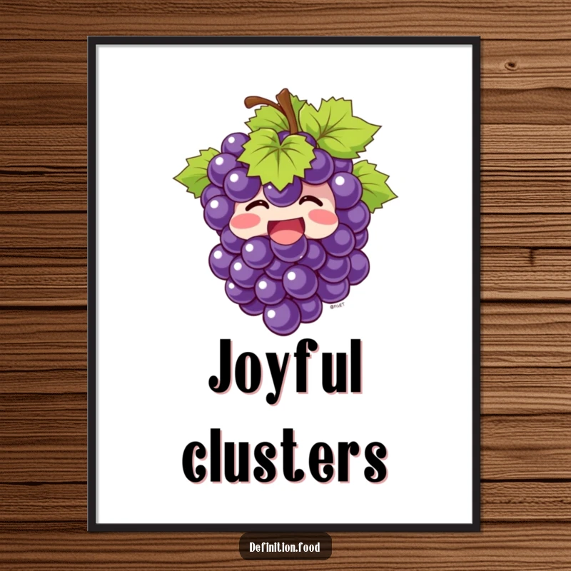 Funny Digital Art Print of a giggling bunch of grapes bursting with joy, offering instant cheerful fruit-themed decor.