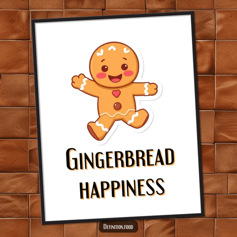 Funny digital art print of a joyful, skipping gingerbread man character, perfect for instant holiday decor and a burst of cheer.