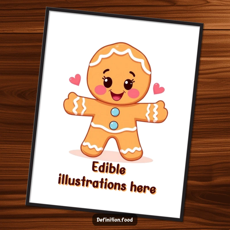 Funny joyful gingerbread man drawing a whimsical food illustration, available as a digital art print for instant decor.