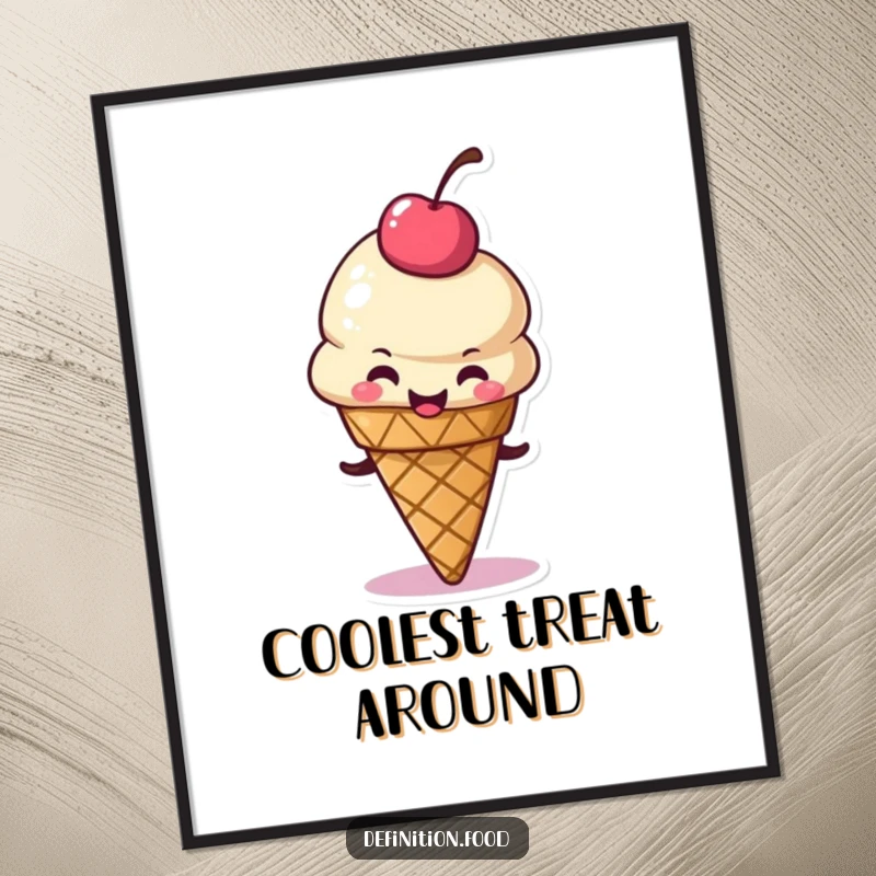 Funny digital art print of a delighted ice cream cone character wiggling its cherry topping, perfect for instant sweet decor.