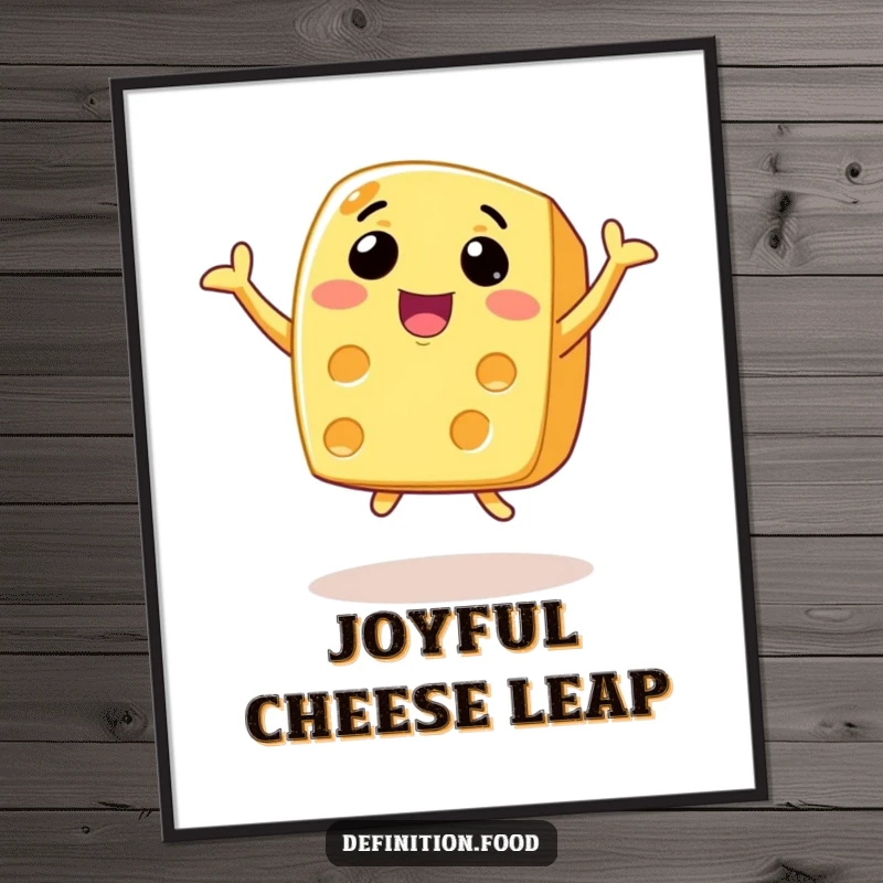Funny animated cheese digital art print of a wide-smiling cheese slice joyfully leaping with pure happiness.