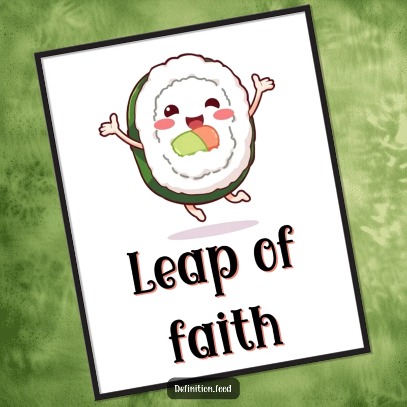 Funny digital art print of a leaping sushi roll character, offering instant humorous Japanese food-themed wall decor.