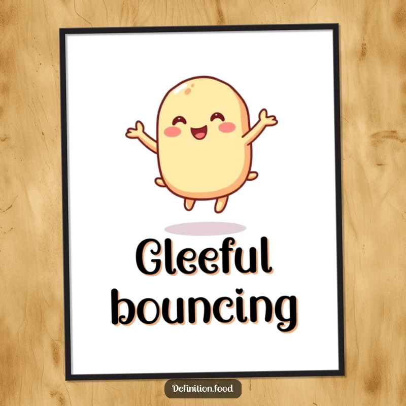 Funny digital art print of a macaroni character gleefully bouncing, perfect for instant humorous decor, a funny gift.