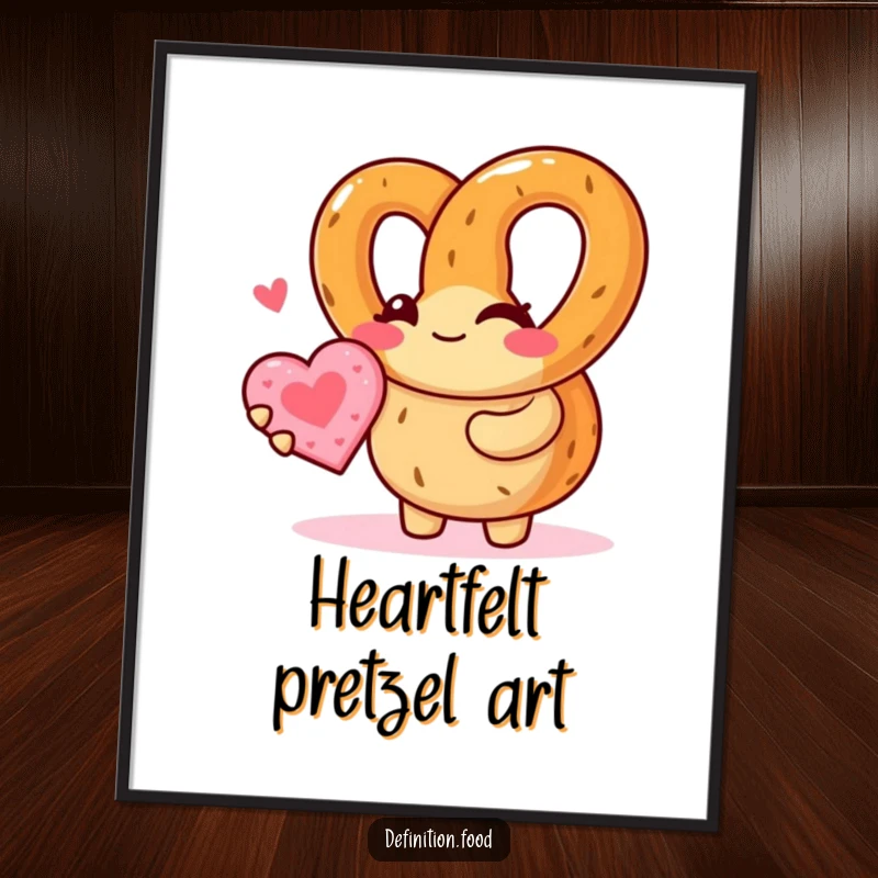 Funny pretzel character winking, offering a heart cookie as a downloadable digital art print, ideal for instant humorous wall decor.