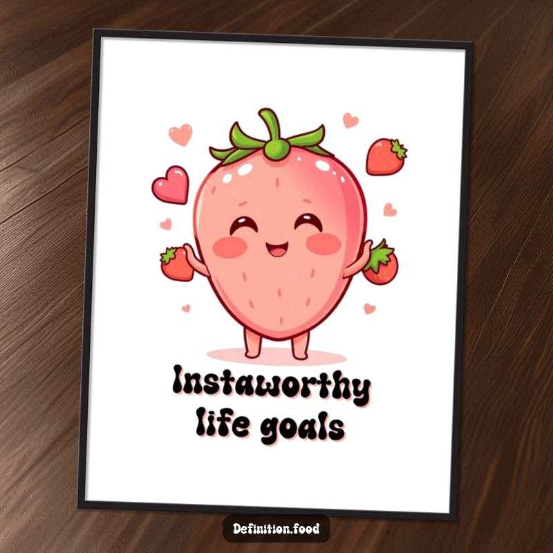 Funny blushing strawberry character juggling tiny concept food shapes, available as a digital art print for instant wall decor.