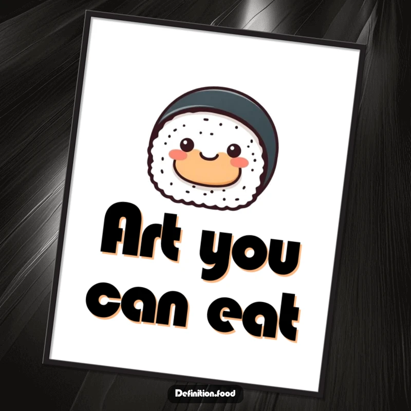 Funny sushi roll digital art print, a cheerful sushi character presenting abstract food art, whimsical decor.