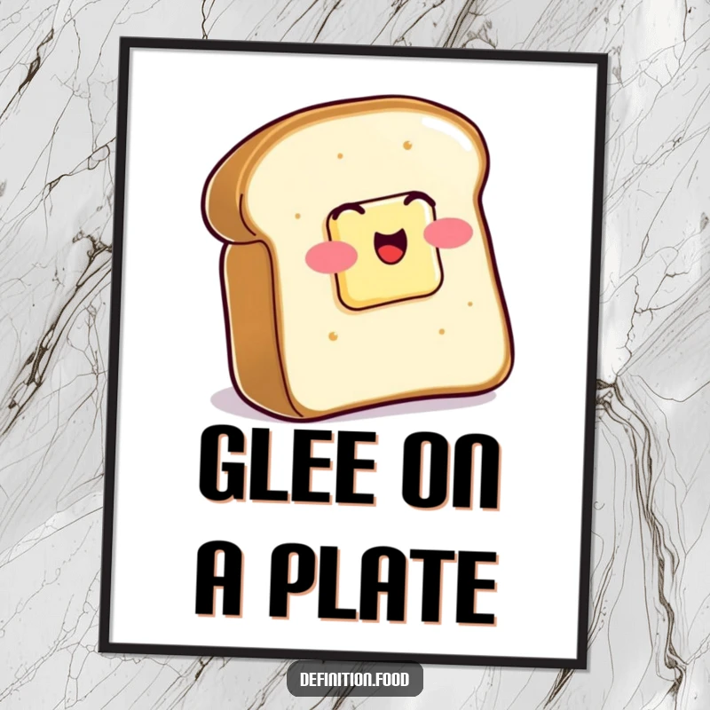 Funny Digital Art Print of a slice of buttered toast wiggling with glee, offering instant humorous breakfast-themed decor.