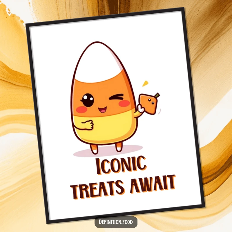 Funny candy corn character winking and pointing at a simple food icon, available as a digital art print for instant playful decor.