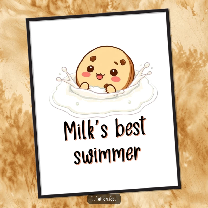 Funny cookie character playfully swimming in milk, presented as a humorous and amusing digital art print.