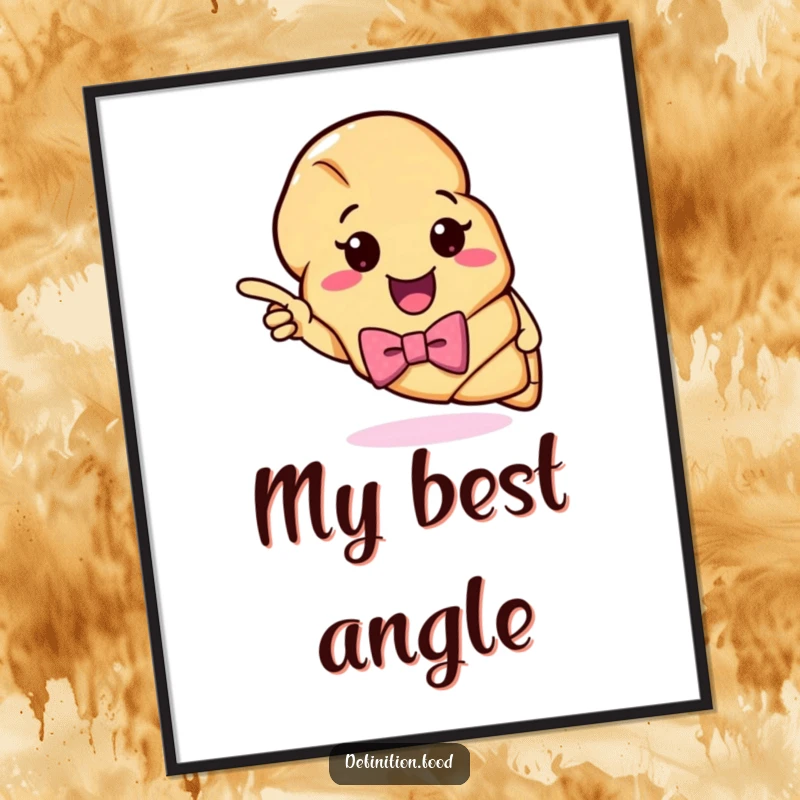 Funny Croissant Definition Digital Art Print: A cheerful croissant with a bow tie gestures towards a witty definition, ready for instant download.