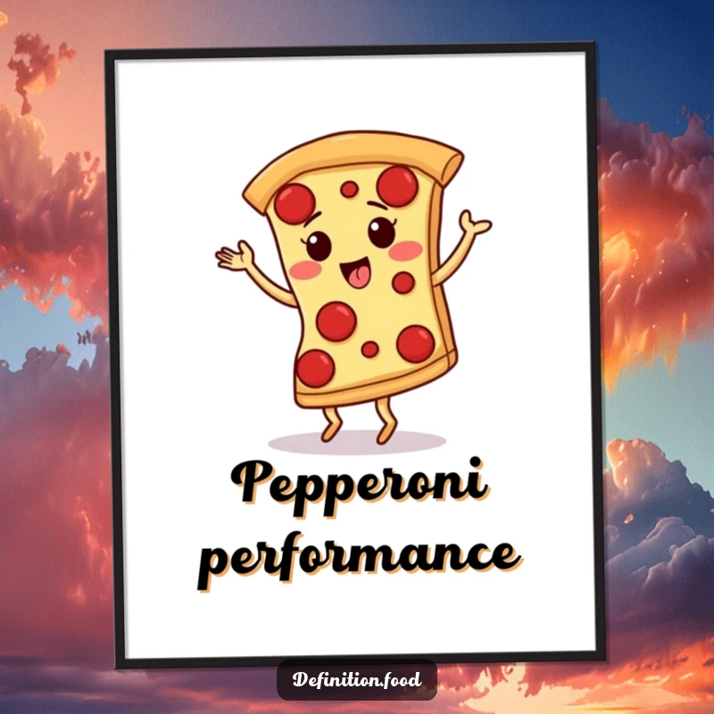 Funny digital art print of a giggling pizza slice with pepperoni spots dancing the tango with zest and vibrant energy.