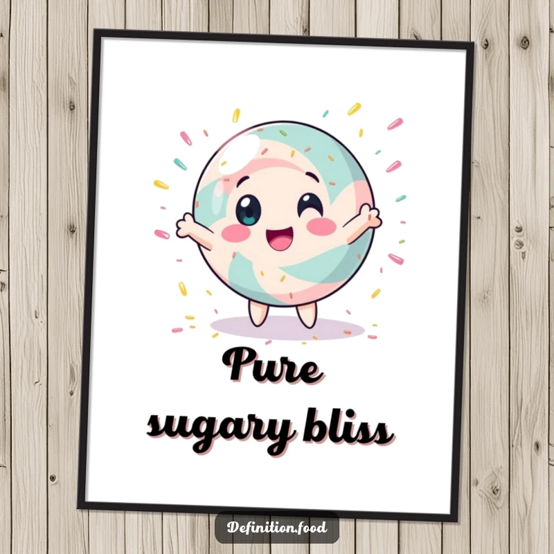 Funny digital art print of a spinning candy character with sprinkles, offering instant humorous, sweet wall decor.