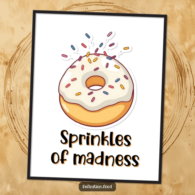 Funny digital art print of a doughnut character joyfully creating a spectacular explosion of colorful sprinkles, adding vibrant humor.