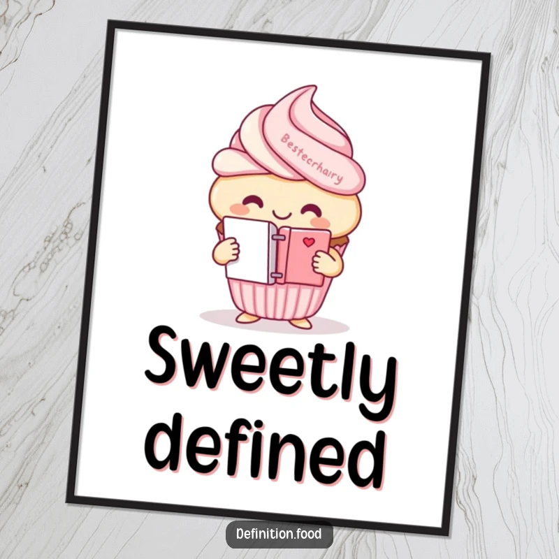 Funny smiling cupcake character digital art, holding a mini dictionary, for sweet literary decor.