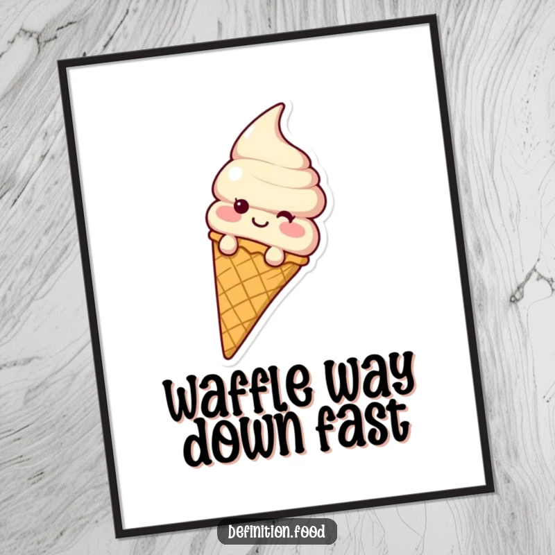 Funny ice cream cone character joyfully sliding down a waffle cone, presented as a vibrant, humorous digital art print.