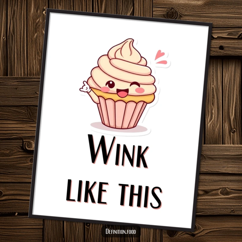 Funny digital art print of a happy cupcake character giving a celebratory wink, perfect for instant humorous decor, a funny gift.