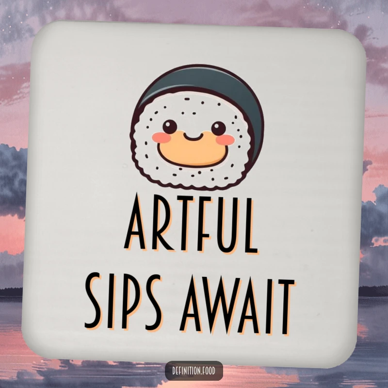 Funny sushi roll drink coaster, featuring a cheerful sushi character presenting an abstract food shape, for table protection.