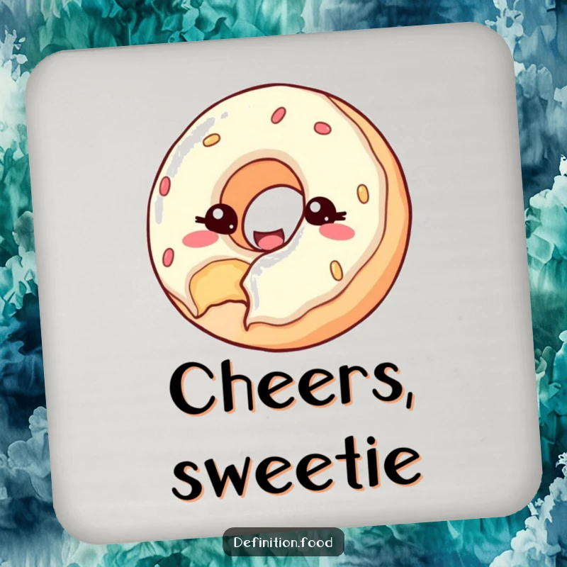 Funny coaster with a happy donut with a bite taken out, winking at the viewer, protecting surfaces.