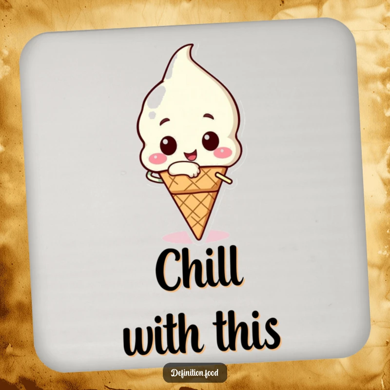 Funny ice cream coasters showcasing a happy ice cream cone character taking a triumphant bite, adding sweet flair.