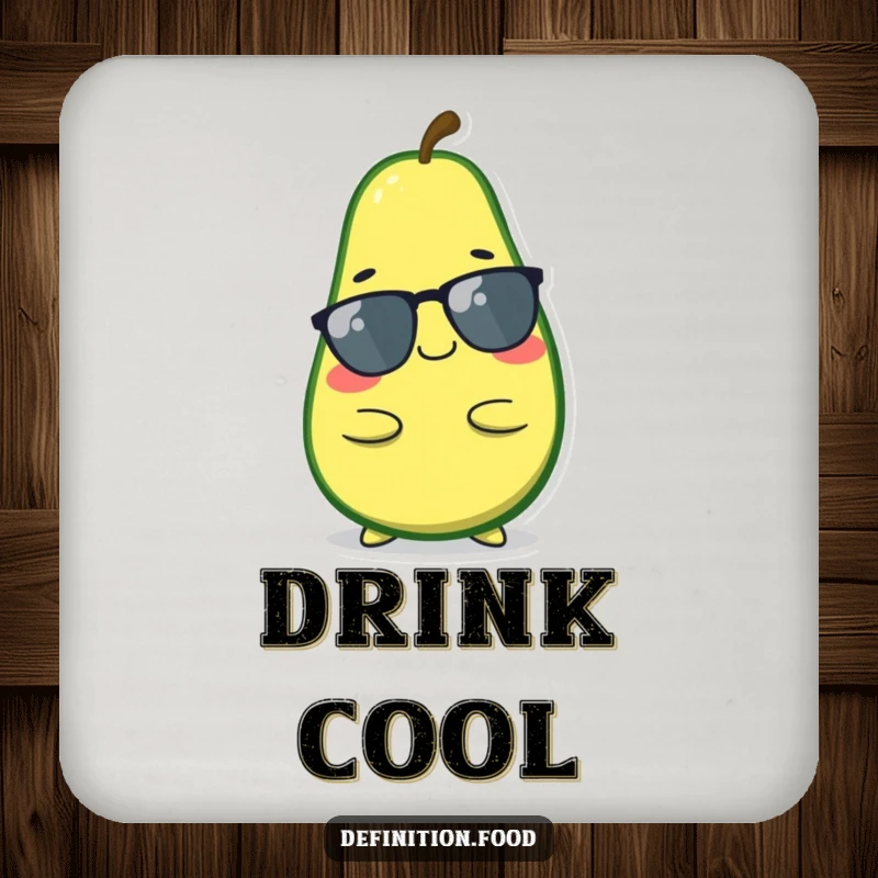 Funny avocado drink coaster, a smiling character in a cool, relaxed pose, protects furniture, a stylish funny gift.