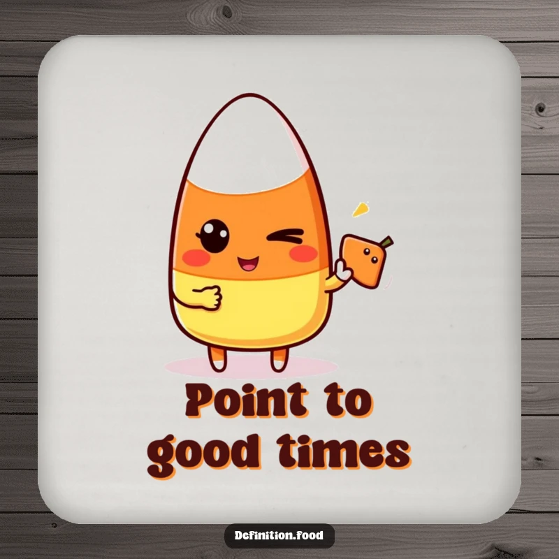 Funny candy corn character winking and pointing at a food icon on protective drink coasters, adding playful charm.