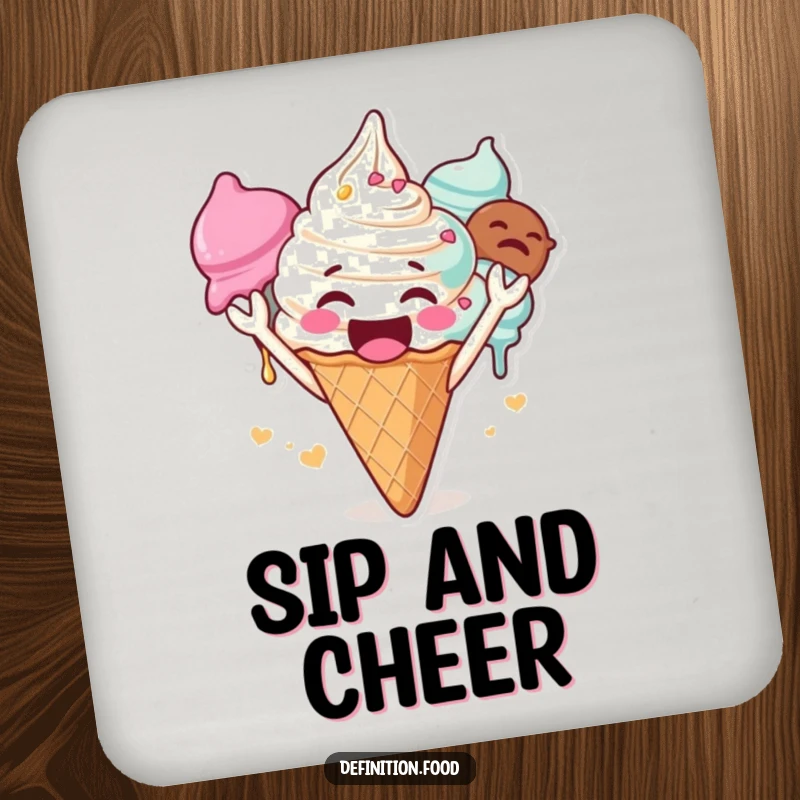 Funny ice cream drink coaster, a gleeful character cheering loudly, protects furniture, a fun funny gift.