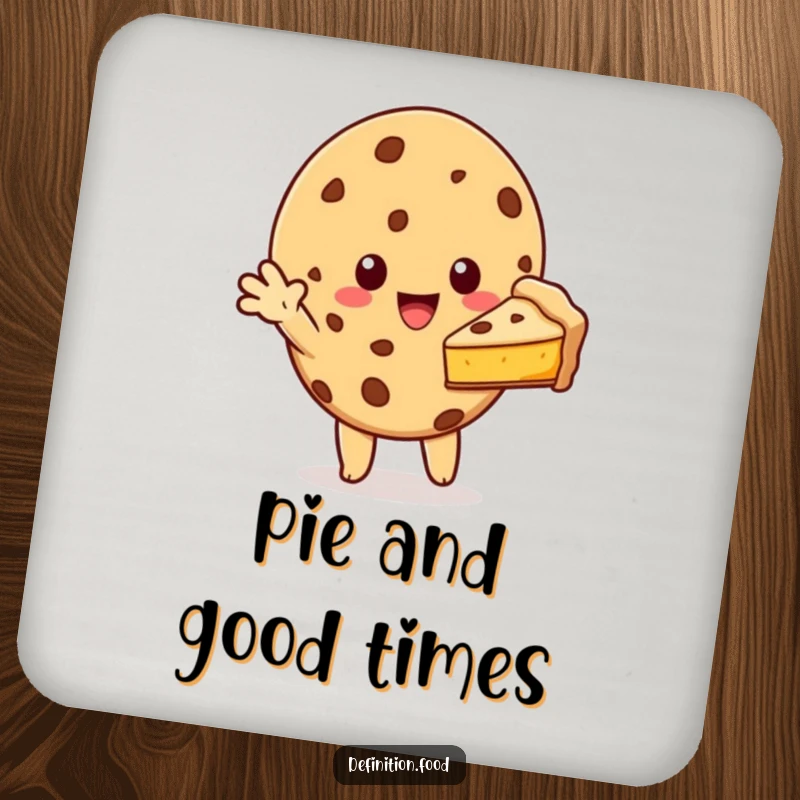 Funny cookie character offering a slice of pie on a drink coaster, protecting surfaces with a sweet and generous message.