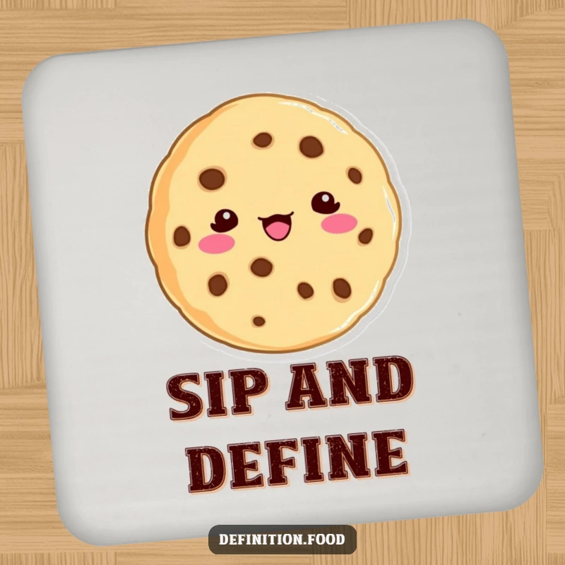 Funny cookie character coaster, humorously defining a word, protecting tables with style.