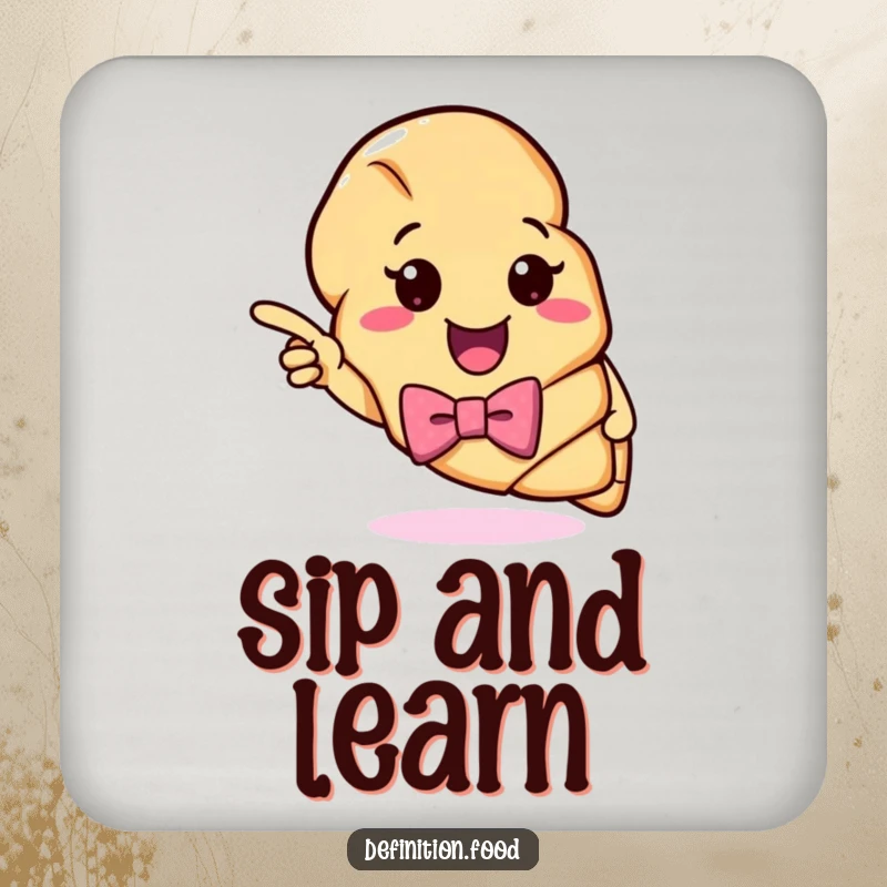 Funny Croissant Definition Coaster: A cute croissant in a bow tie points to a colorful definition, ideal for drink protection.