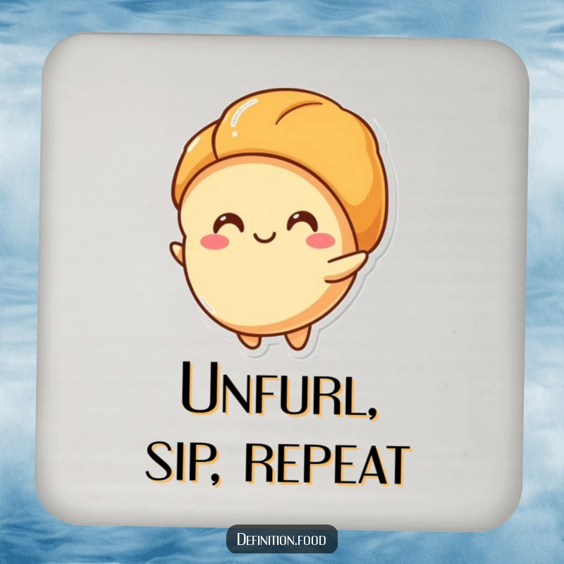 Funny coaster with a happy croissant character unfurling its layers, protecting tables with charm and humor, a funny gift.