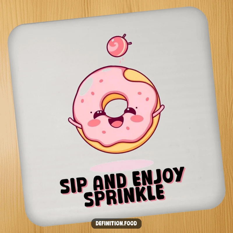 Funny donut coasters showcasing a cheerful donut character joyfully tossing a tiny candy, adding sweet flair.