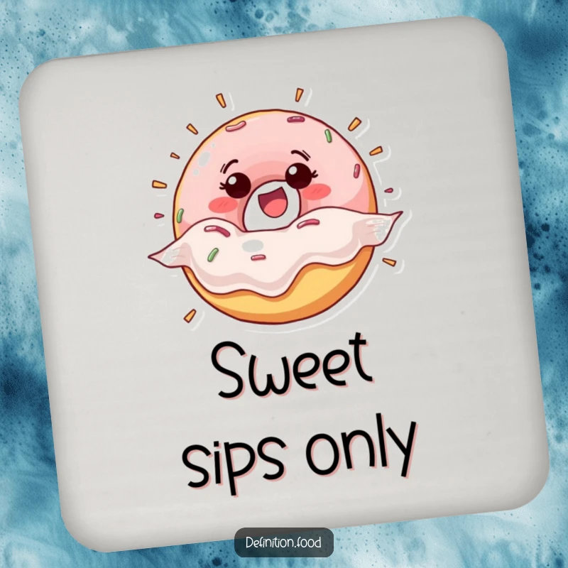 Funny happy donut character bursting from its wrapper on a drink coaster, adding a fun, sweet touch to table settings.