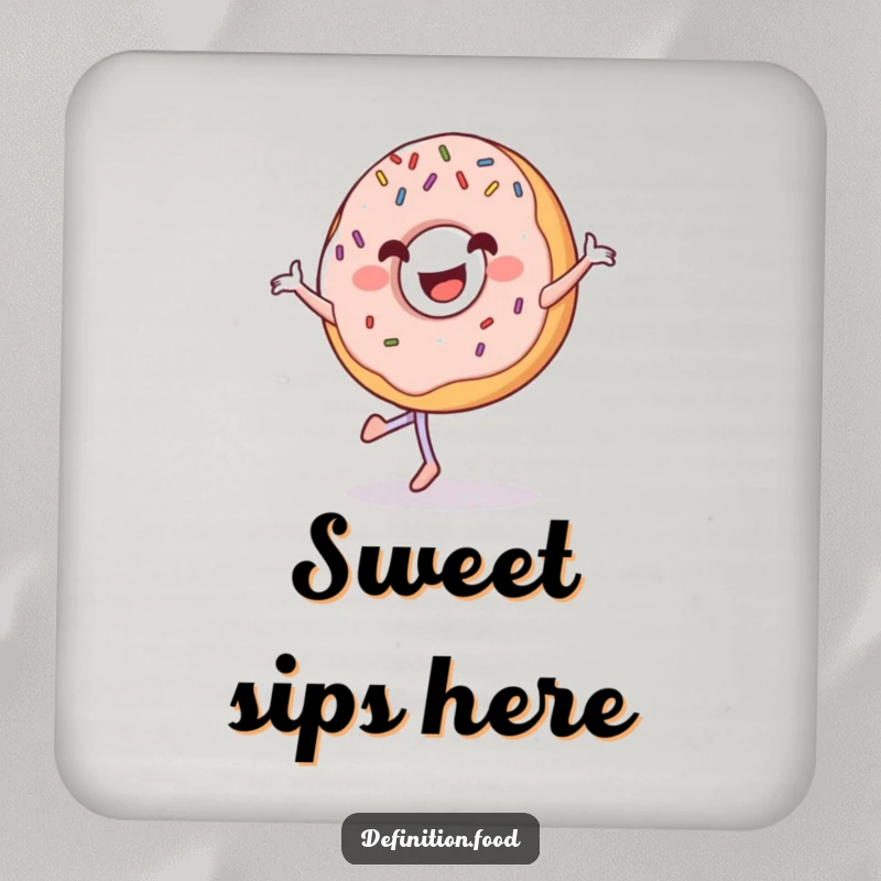 Funny grinning donut coaster with sprinkles, happily pirouetting, ready to protect surfaces.