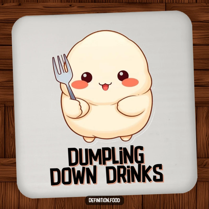 Funny Drink Coaster featuring a proud dumpling with rosy cheeks holding a tiny fork, a small but charming piece of food decor.