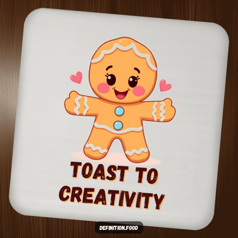 Funny joyful gingerbread man drawing a whimsical food illustration on protective drink coasters, adding artistic flair.