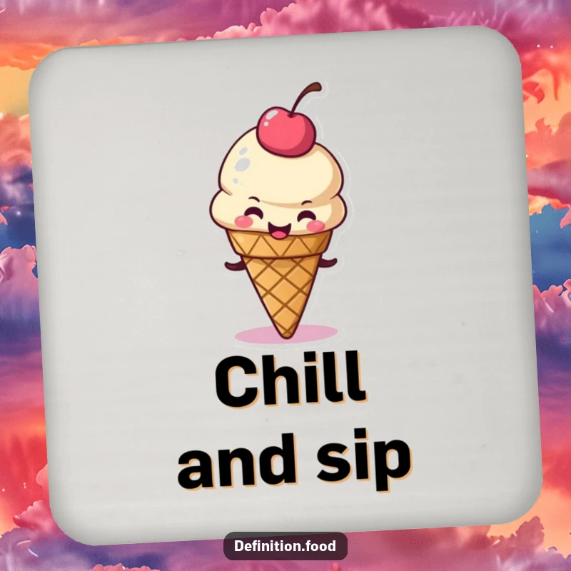 Funny drink coaster featuring a delighted ice cream cone character wiggling its cherry topping, protecting surfaces with a sweet pop of charm.
