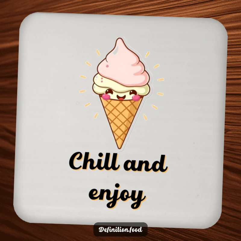 Funny coaster with a cheerful ice cream cone character radiating deliciousness, protecting tables with charm and humor, a funny gift.