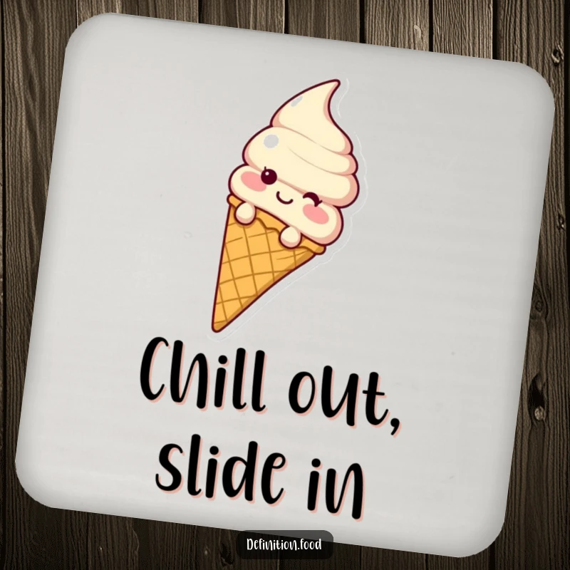 Funny ice cream cone character sliding down a waffle cone, placed on a humorous drink coaster.