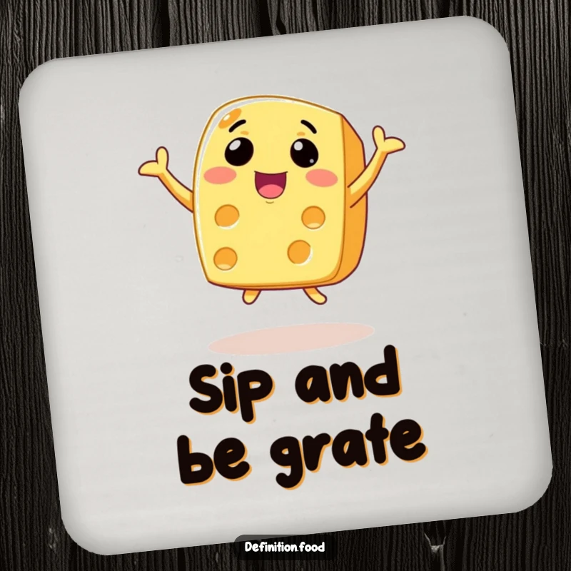 Funny animated cheese coaster with a wide smile, joyfully leaping, ready to protect surfaces.