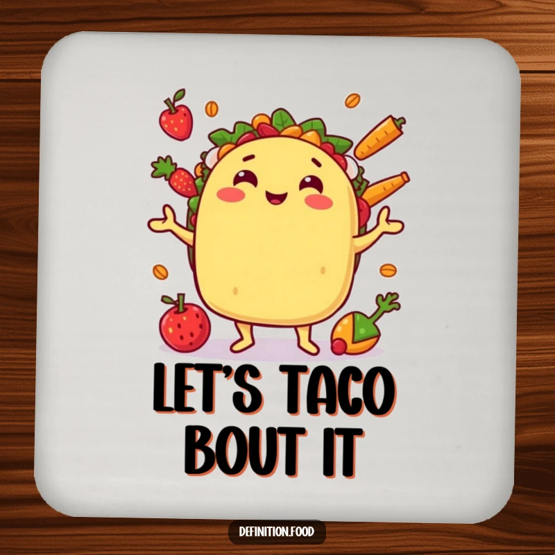 Funny coaster set with juggling taco characters, offering humorous protection for surfaces with a festive theme.