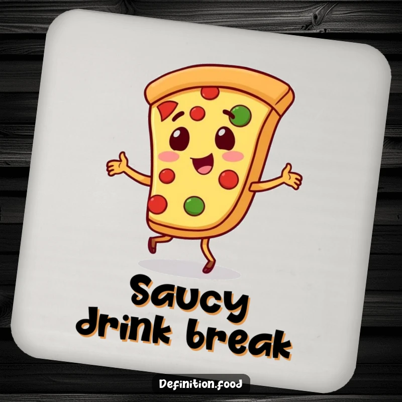 Funny pizza coasters showcasing a playful slice of pizza character doing a little jig, adding decorative flair.