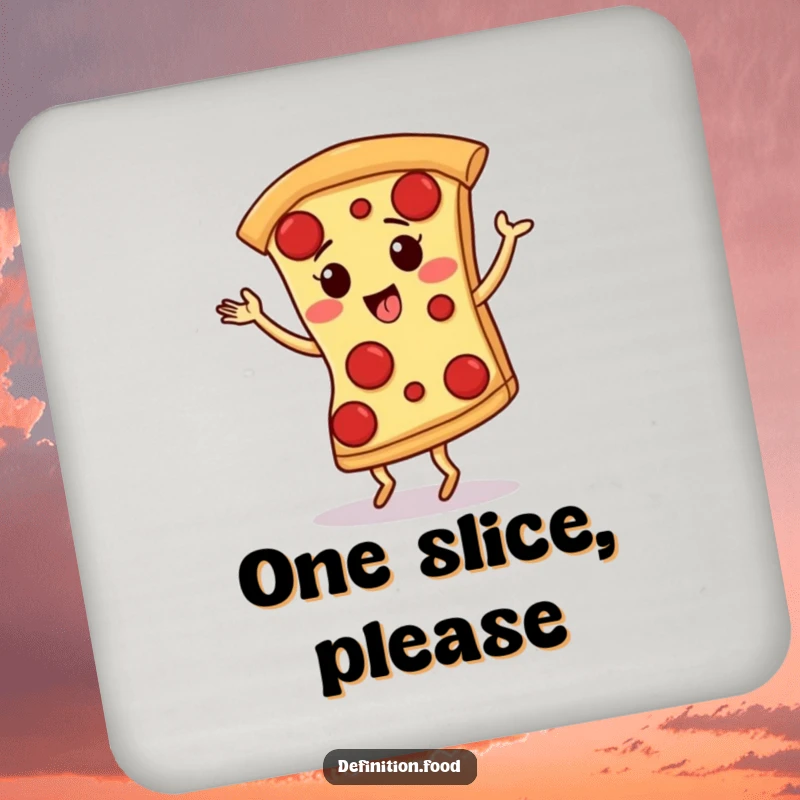 Funny drink coasters showcasing a giggling pizza slice with pepperoni spots performing a lively tango dance, protecting surfaces.