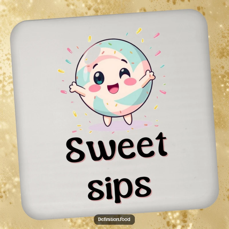 Funny coaster set with spinning candy characters, offering humorous protection for surfaces with a sweet theme.