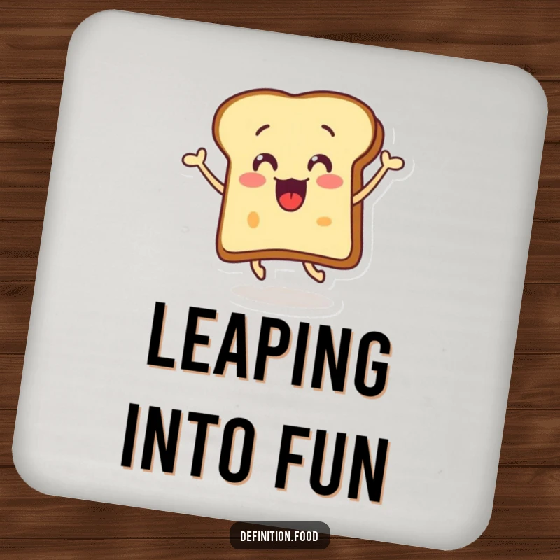 Funny surprised toast coaster showing a cheerful, buttered toast slice in a humorous, energetic leap.